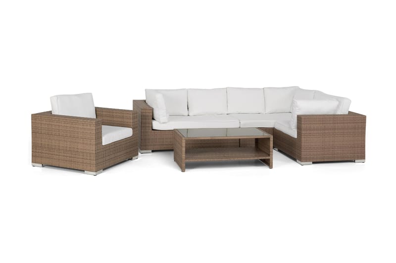 Bahamas Stor Loungegrupp Utomhus - 6-sits Konstrotting Utemöbler Loungeset för Trädgård - Beige / Vita dynor - Trädgård & spabad - Utemiljö - Altan & terrass - Altanmöbler