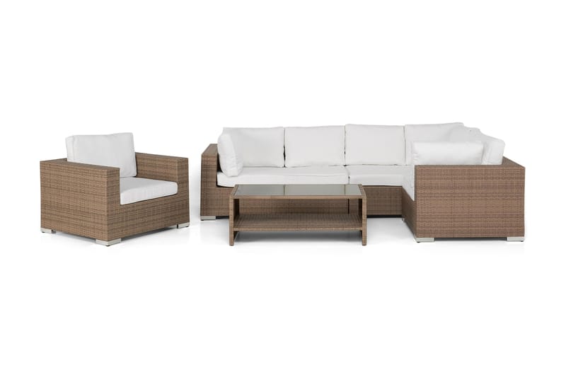 Bahamas Stor Loungegrupp Utomhus - 6-sits Konstrotting Utemöbler Loungeset för Trädgård - Beige / Vita dynor - Trädgård & spabad - Utemiljö - Altan & terrass - Altanmöbler