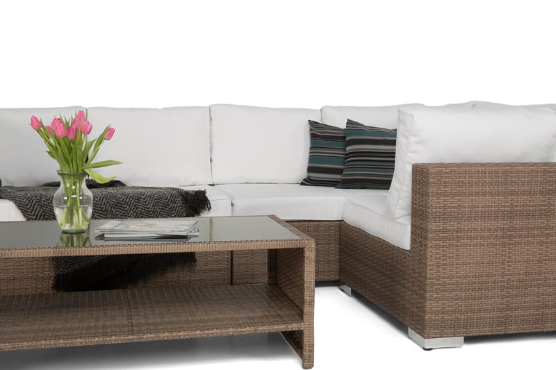 Bahamas Stor Loungegrupp Utomhus - 6-sits Konstrotting Utemöbler Loungeset för Trädgård - Beige / Vita dynor - Trädgård & spabad - Utemiljö - Altan & terrass - Altanmöbler