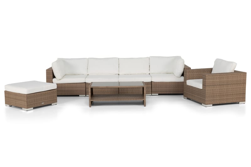 Bahamas Stor Loungegrupp Utomhus - 6-sits Konstrotting Utemöbler Loungeset för Uteplats och Altan - Beige / Vita dynor - Trädgård & spabad - Utemiljö - Altan & terrass - Altanmöbler