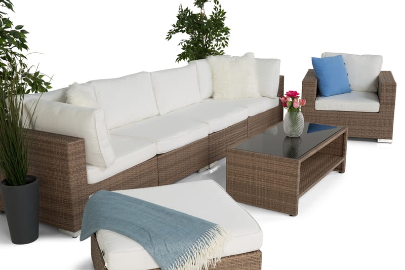 Bahamas Stor Loungegrupp Utomhus - 6-sits Konstrotting Utemöbler Loungeset för Uteplats och Altan - Beige / Vita dynor - Trädgård & spabad - Utemiljö - Altan & terrass - Altanmöbler