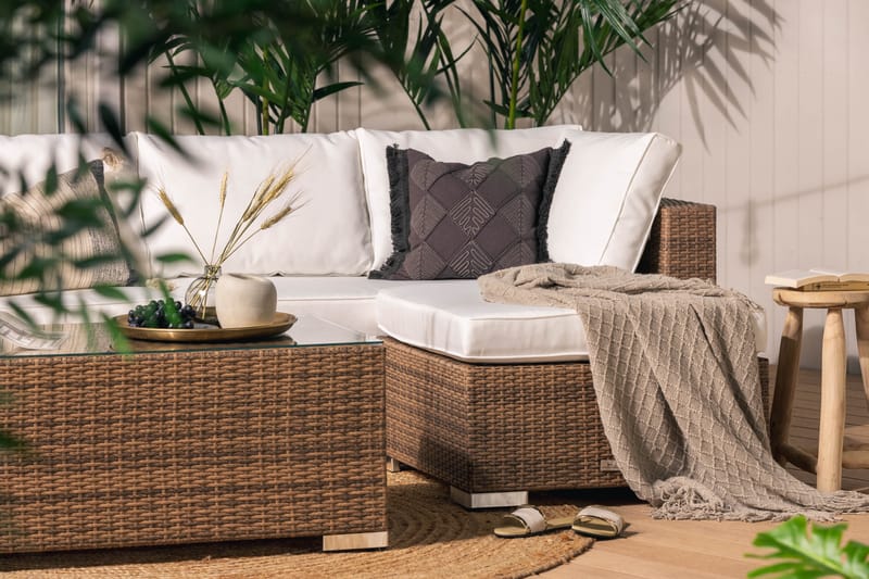 Bahamas Stor Loungegrupp Utomhus - 6-sits Konstrotting Utemöbler Loungeset för Uteplats och Trädgård - Beige / Vita dynor / Plast - Trädgård & spabad - Utemiljö - Altan & terrass - Altanmöbler