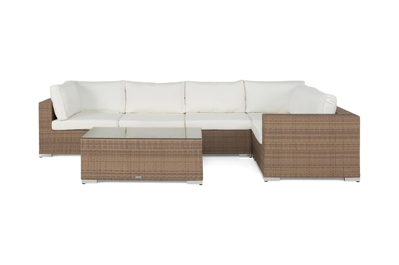 Bahamas Stor Loungegrupp Utomhus - 6-sits Konstrotting Utemöbler Loungeset för Uteplats och Uterum - Beige / Vita dynor - Trädgård & spabad - Utemiljö - Altan & terrass - Altanmöbler