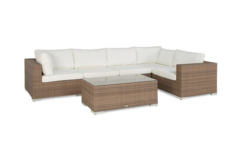 Bahamas Stor Loungegrupp Utomhus - 6-sits Konstrotting Utemöbler Loungeset för Uteplats och Uterum - Beige / Vita dynor - Trädgård & spabad - Utemiljö - Altan & terrass - Altanmöbler