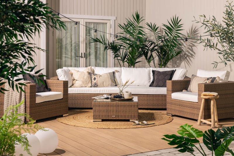 Bahamas Stor Loungegrupp Utomhus - 7-sits Konstrotting Utemöbler Loungeset för Uteplats och Trädgård - Beige / Vita dynor - Trädgård & spabad - Utemiljö - Altan & terrass - Altanmöbler