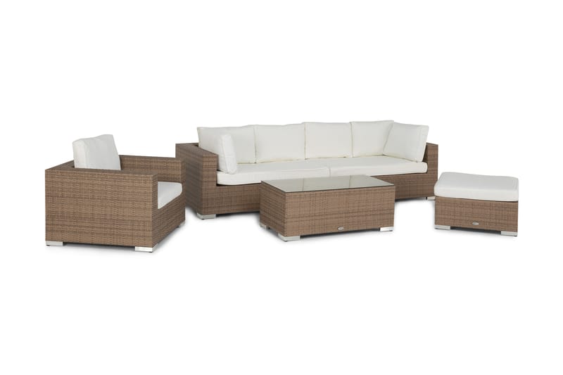 Bahamas Stor loungegrupp utomhus - Soffgrupp för uteplats 6-sits - Loungeset i konstrotting utemöbler - Beige / Vita dynor - Trädgård & spabad - Utemiljö - Altan & terrass - Altanmöbler