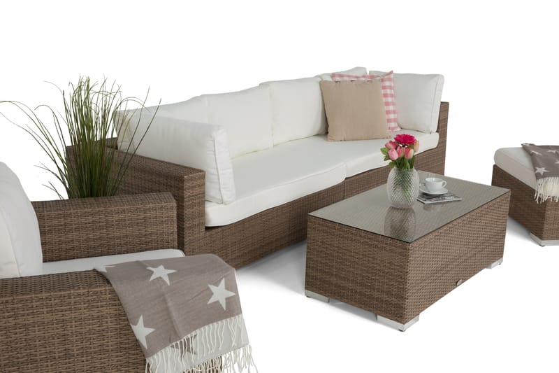 Bahamas Stor loungegrupp utomhus - Soffgrupp för uteplats 6-sits - Loungeset i konstrotting utemöbler - Beige / Vita dynor - Trädgård & spabad - Utemiljö - Altan & terrass - Altanmöbler