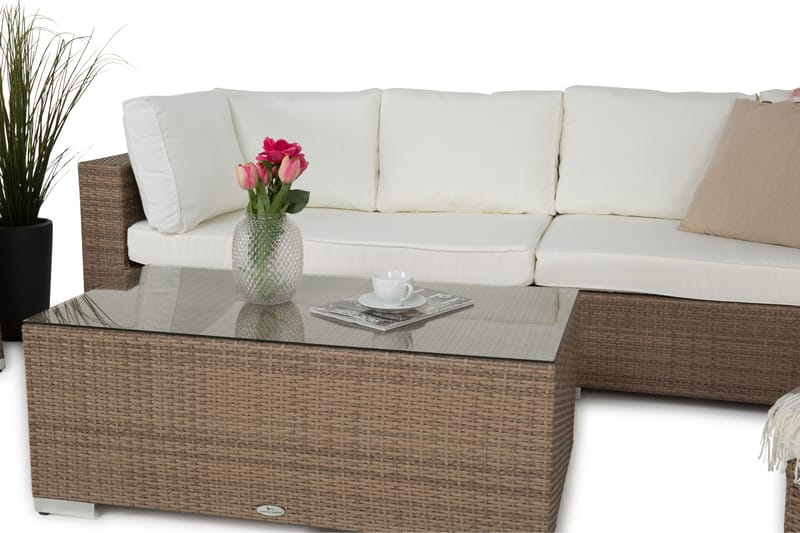 Bahamas Stor loungegrupp utomhus - Soffgrupp för uteplats 6-sits - Loungeset i konstrotting utemöbler - Beige / Vita dynor - Trädgård & spabad - Utemiljö - Altan & terrass - Altanmöbler