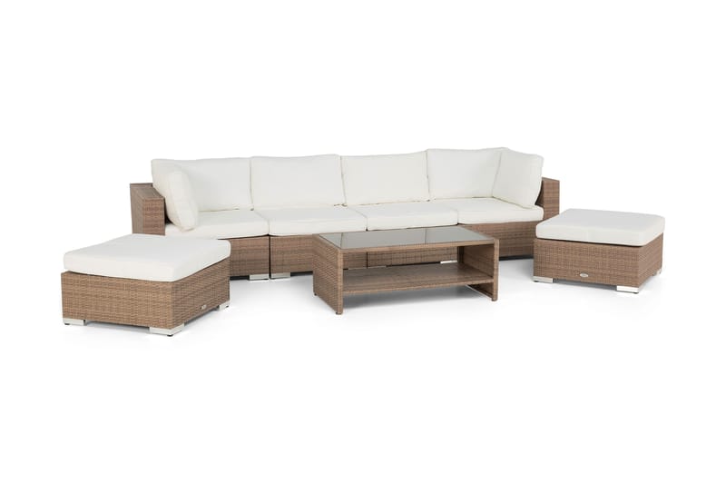 Bahamas Stor loungegrupp utomhus - Soffgrupp för uteplats 6-sits - Loungeset konstrotting utemöbler - Beige / Vita dynor - Trädgård & spabad - Utemiljö - Altan & terrass - Altanmöbler