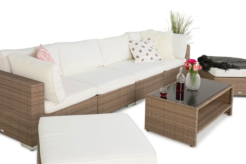 Bahamas Stor loungegrupp utomhus - Soffgrupp för uteplats 6-sits - Loungeset konstrotting utemöbler - Beige / Vita dynor - Trädgård & spabad - Utemiljö - Altan & terrass - Altanmöbler