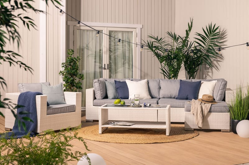 Bahamas Stor loungegrupp utomhus - Soffgrupp till uteplats 6-sits - Loungeset konstrotting utemöbler - Beige / Gråa dynor - Trädgård & spabad - Utemiljö - Altan & terrass - Altanmöbler