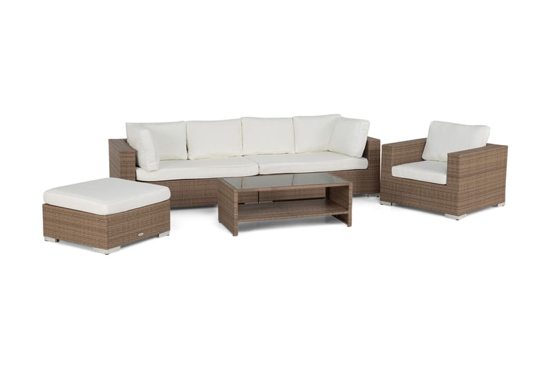 Bahamas Stor loungegrupp utomhus - Soffgrupp till uteplats 6-sits - Loungeset konstrotting utemöbler - Sand / Beige / Brun med Vita dynor - Trädgård & spabad - Utemiljö - Altan & terrass - Altanmöbler