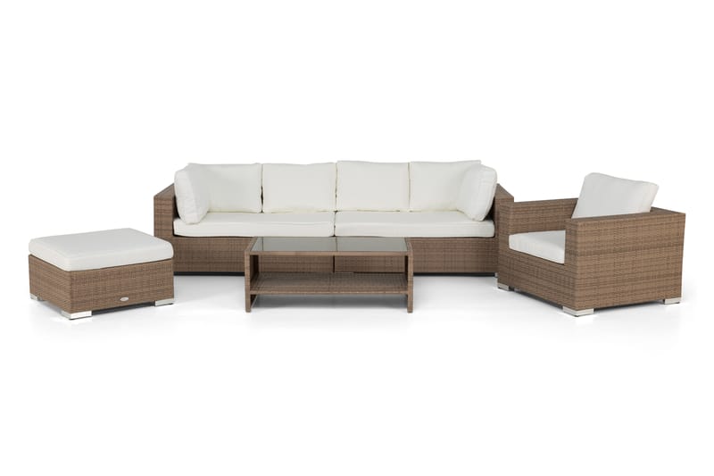 Bahamas Stor loungegrupp utomhus - Soffgrupp till uteplats 6-sits - Loungeset konstrotting utemöbler - Sand / Beige / Brun med Vita dynor - Trädgård & spabad - Utemiljö - Altan & terrass - Altanmöbler