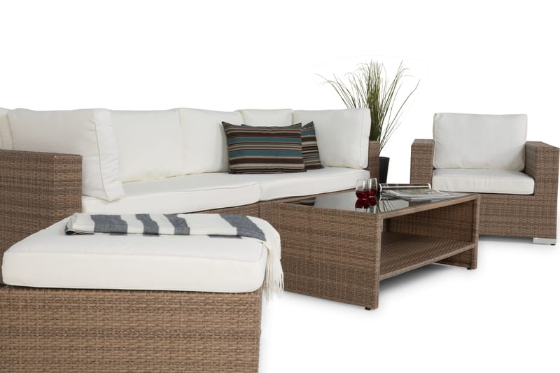 Bahamas Stor loungegrupp utomhus - Soffgrupp till uteplats 6-sits - Loungeset konstrotting utemöbler - Sand / Beige / Brun med Vita dynor - Trädgård & spabad - Utemiljö - Altan & terrass - Altanmöbler