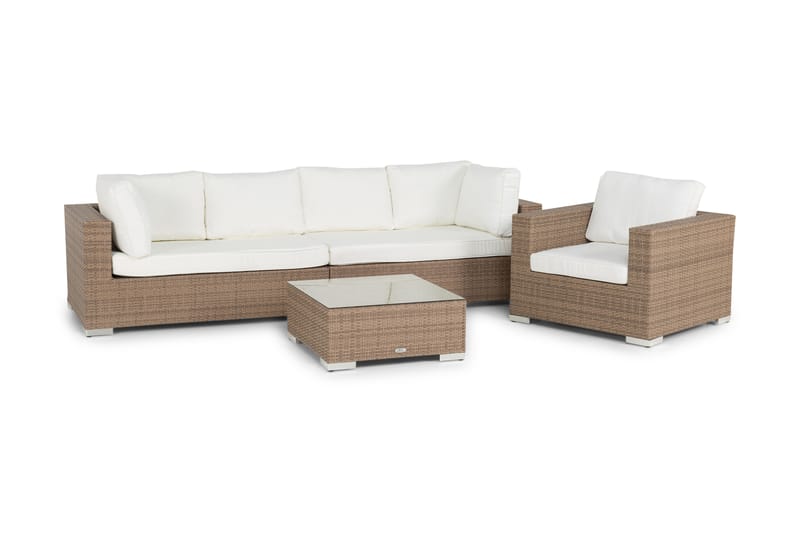 Bahamas Stor loungegrupp utomhus - Soffgrupp till uteplats 6-sits - Loungeset konstrotting utemöbler - Sand / Beige / Vita dynor - Trädgård & spabad - Utemiljö - Altan & terrass - Altanmöbler