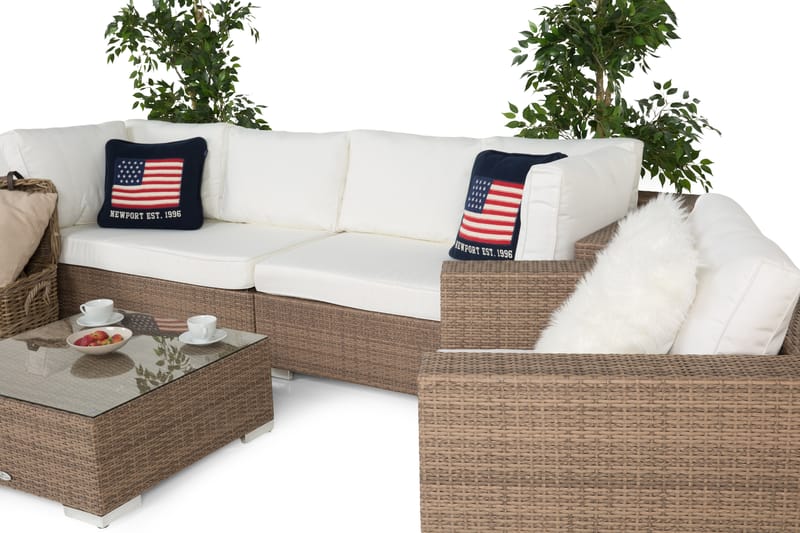 Bahamas Stor loungegrupp utomhus - Soffgrupp till uteplats 6-sits - Loungeset konstrotting utemöbler - Sand / Beige / Vita dynor - Trädgård & spabad - Utemiljö - Altan & terrass - Altanmöbler