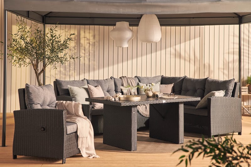 James Loungegrupp utomhus - Loungeset konstrotting utemöbler - Soffgrupp till uteplats 6-sits - Höger + Reclinerfåtölj - Svart / Gråa dynor - Trädgård & spabad - Utemiljö - Altan & terrass - Altanmöbler