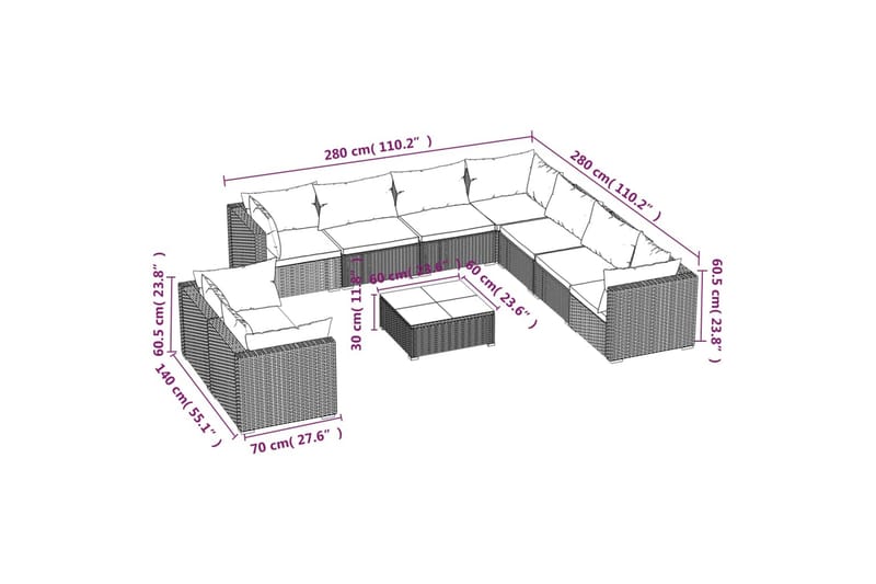 Loungegrupp för trädgården m. dynor 10 delar svart konstrott - Svart/Vit - Altanmöbler - Soffgrupp utomhus - Loungegrupp & Loungeset