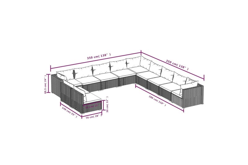 Loungegrupp för trädgården m. dynor 11 delar svart konstrott - Svart/Vit - Altanmöbler - Soffgrupp utomhus - Loungegrupp & Loungeset