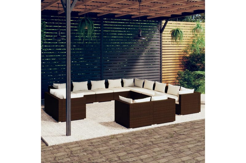 Loungegrupp för trädgården m. dynor 13 delar brun konstrotti - Brun/Vit - Altanmöbler - Soffgrupp utomhus - Loungegrupp & Loungeset