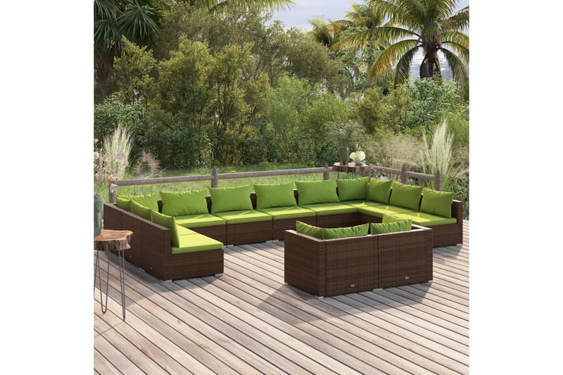 Loungegrupp för trädgården med dynor 12delar konstrotting br - Brun/Grön - Altanmöbler - Soffgrupp utomhus - Loungegrupp & Loungeset