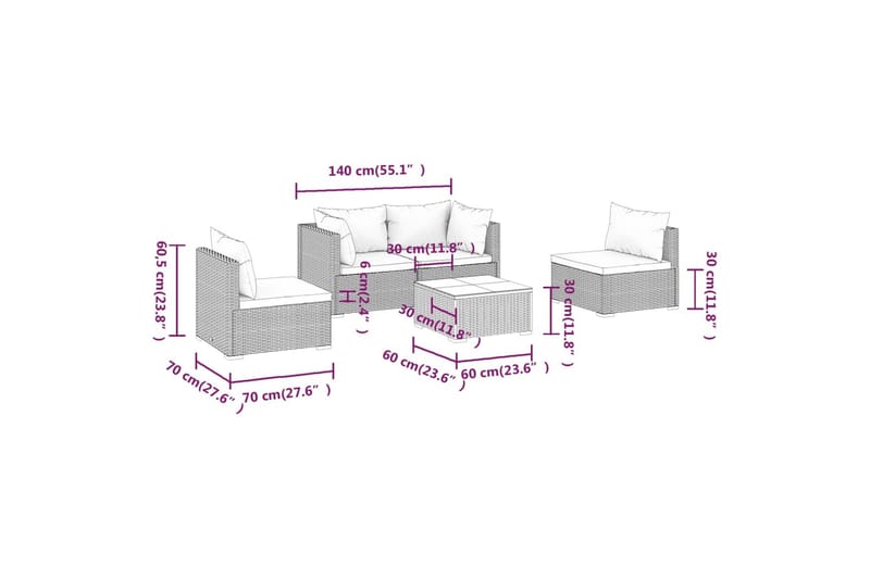 Loungegrupp för trädgården med dynor 5 delar konstrotting sv - Svart/Vit - Altanmöbler - Soffgrupp utomhus - Loungegrupp & Loungeset