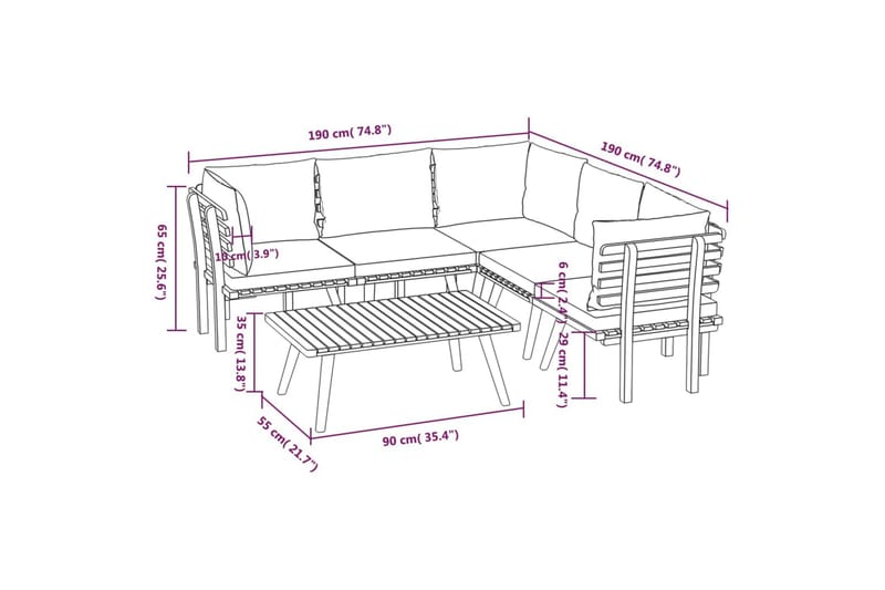 Loungegrupp Utomhus för trädgården med dynor 6 delar akaciaträ - Brun - Utemöbler - Loungemöbler - Loungegrupp & Loungeset