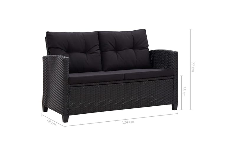 Trädgårdssoffa 2-sits med dynor svart 124 cm konstrotting - Svart - Utemöbler - Loungemöbler - Loungesoffa