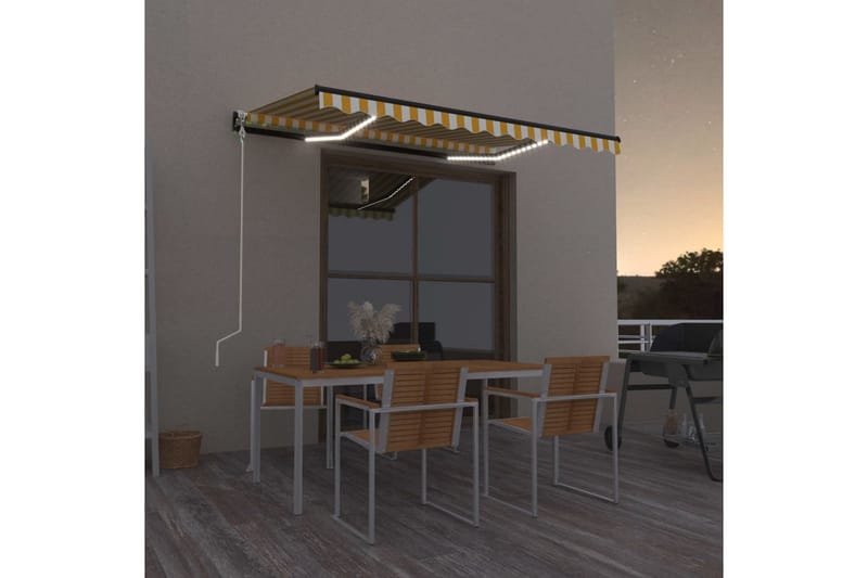 Automatisk markis med vindsensor & LED 350x250 cm gul/vit - Gul - Balkongmarkis - Markiser - Terrassmarkis