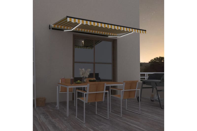 Automatisk markis med vindsensor & LED 400x350 cm gul/vit - Gul - Balkongmarkis - Markiser - Terrassmarkis