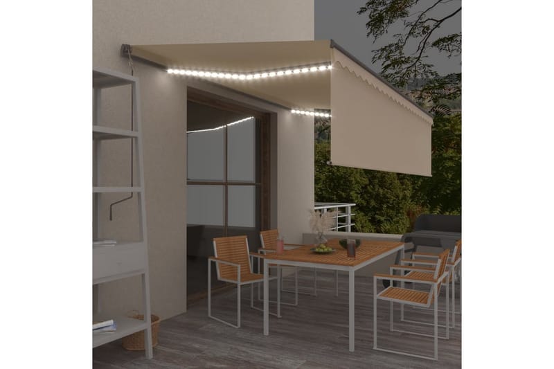 Manuell markis med rullgardin och LED 5x3m gräddvit - Vit - Fönstermarkis - Markiser - Solskydd fönster