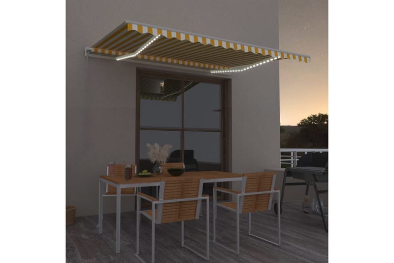 Markis manuellt infällbar med LED 450x350 cm gul och vit - Gul - Balkongmarkis - Markiser - Terrassmarkis