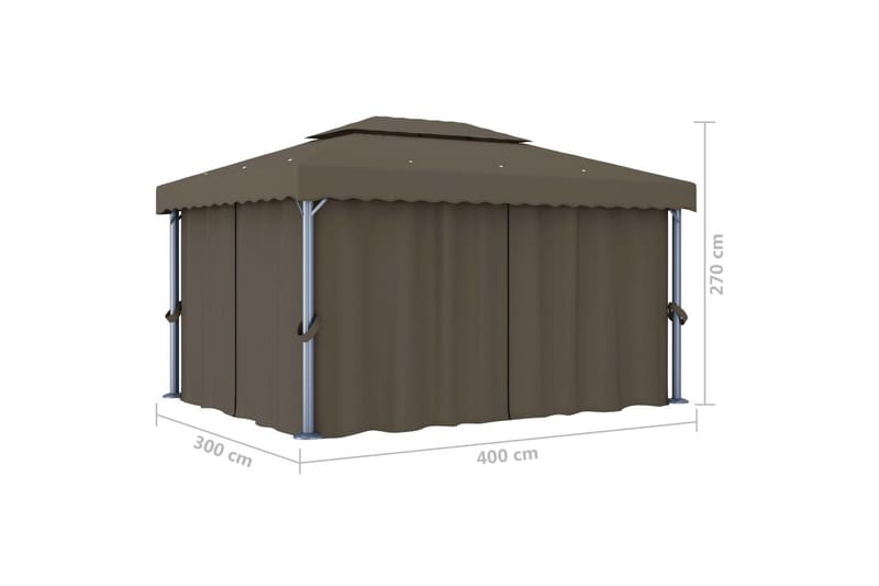 Paviljong med draperi och ljusslinga LED 4x3 m taupe - Brun - Komplett paviljong