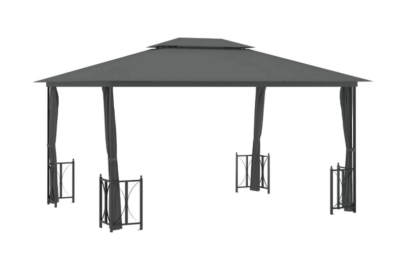 Paviljong med draperier och dubbelt tak 3x4 m antracit - Antracit - Utemöbler - Solskydd - Paviljong - Komplett paviljong