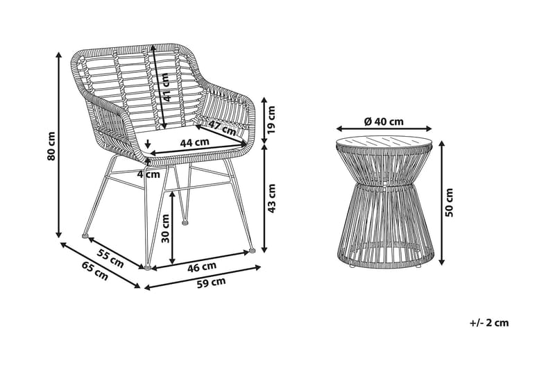 Tassinara Caféset Runt 59 cm + 2 Utestolar m Dyna - Brun/Konstrotting - Utemöbler - Utegrupp - Cafeset